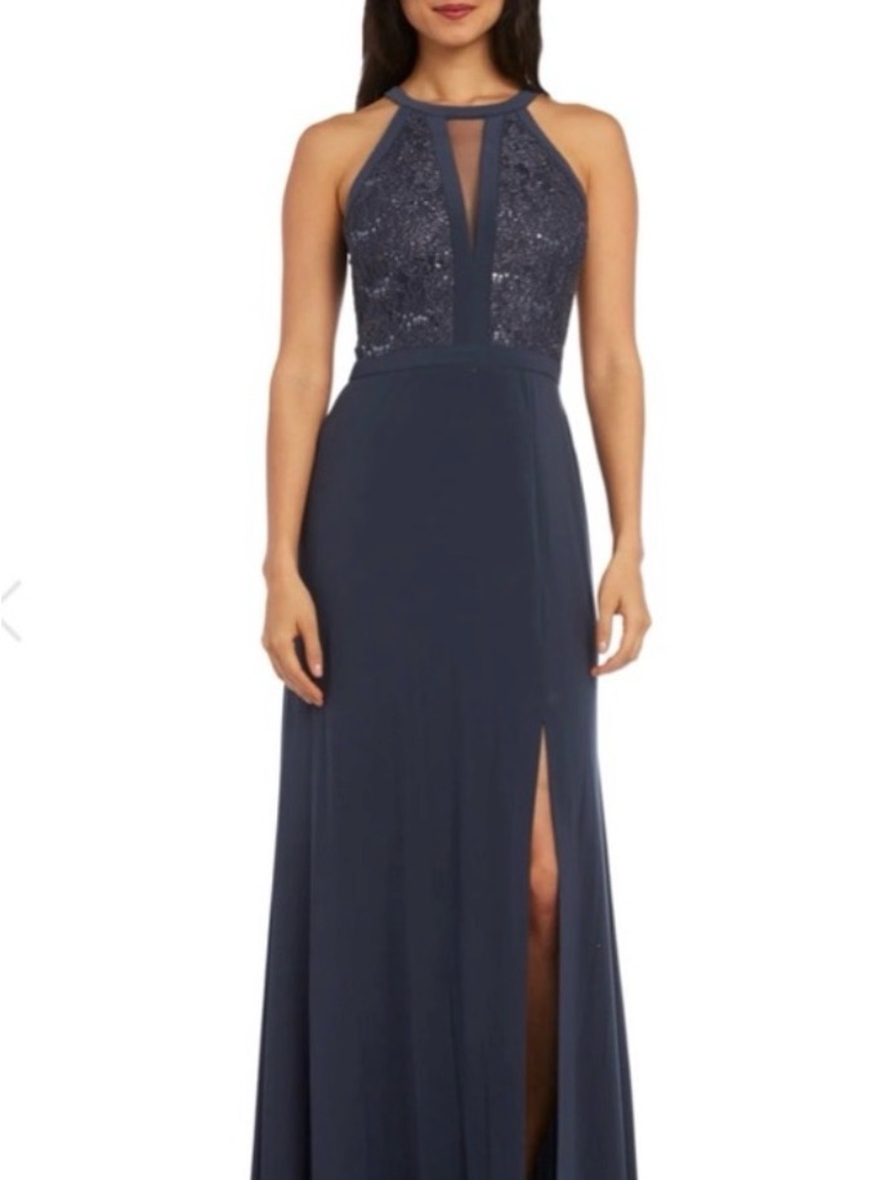 Night Way Navy Sequin High Neck Halter Evening Gown
